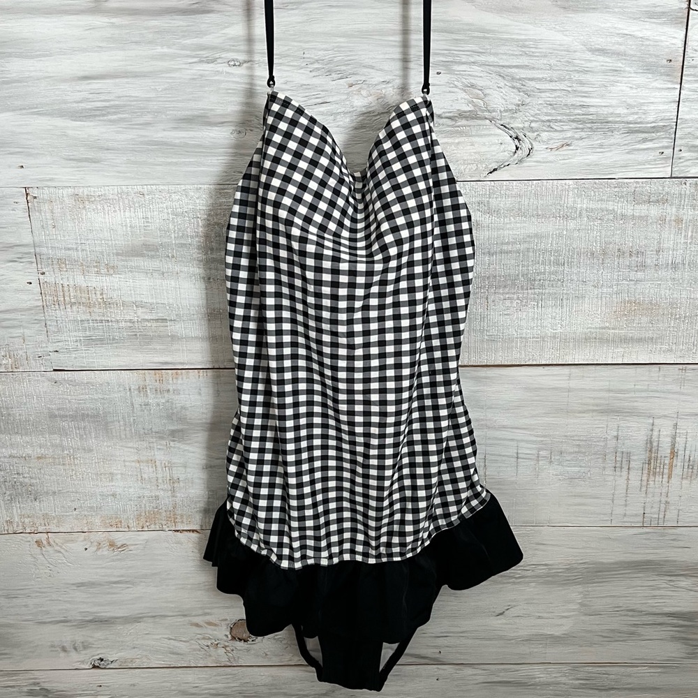 Gossip Black and White Checkered Skirted Halter Top One Piece Swimsuit